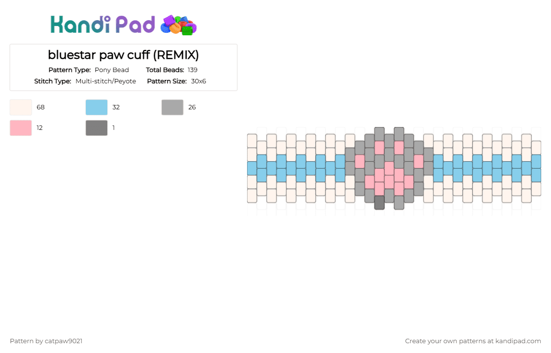 bluestar paw cuff (REMIX) - Pony Bead Pattern by catpaw9021 on Kandi Pad - white,light blue,beige