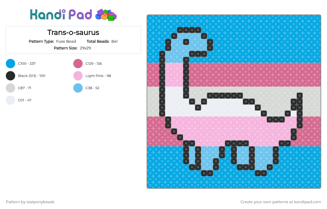 Trans-o-saurus - Fuse Bead Pattern by ieatponybeads on Kandi Pad - light blue,pink,transgender,cute,dino,pride,gender,colorful,flag