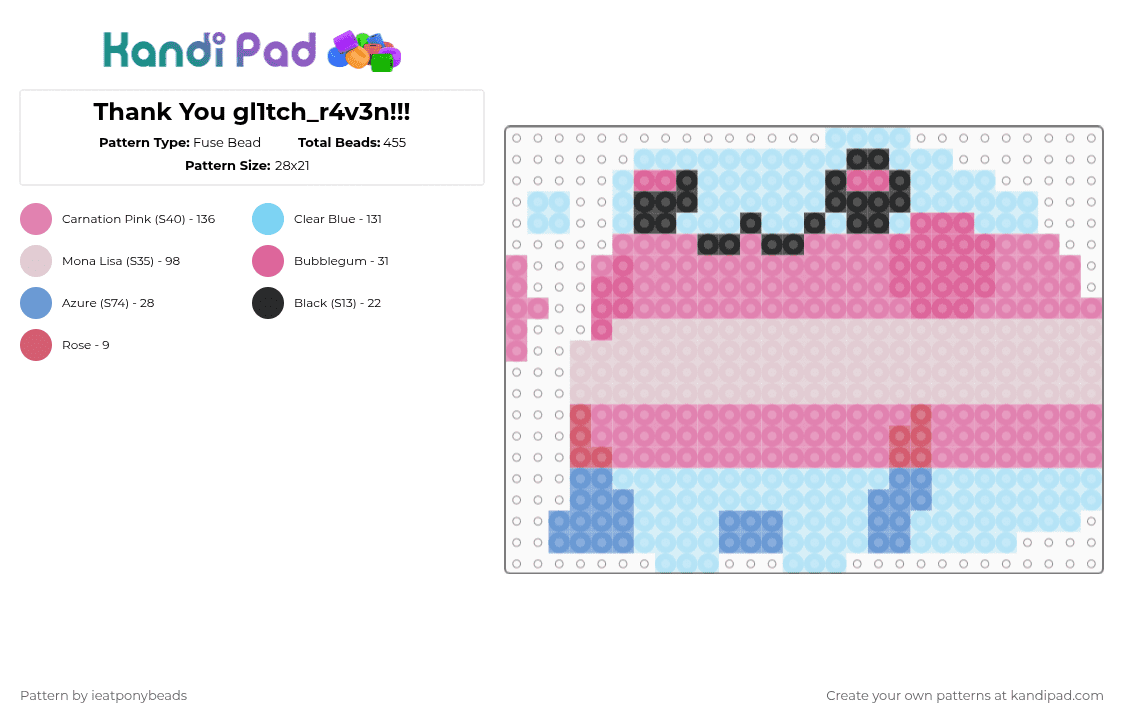 Thank You gl1tch_r4v3n!!! - Fuse Bead Pattern by ieatponybeads on Kandi Pad - light blue,pink,gl1tchr4v3n,frog,trans,transgender,pride,cute,animal