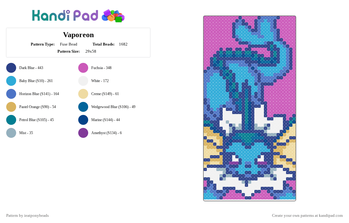 Vaporeon - Fuse Bead Pattern by ieatponybeads on Kandi Pad - light blue,blue,pink,vaporeon,eevee,eeveelution,pokemon,water,cat,seal,r4bbitz