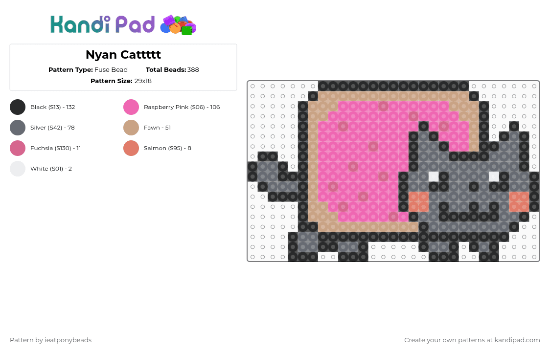 Nyan Cattttt - Fuse Bead Pattern by ieatponybeads on Kandi Pad - gray,pink,nyan cat,rainbow cat,nyan,cat,poptart cat