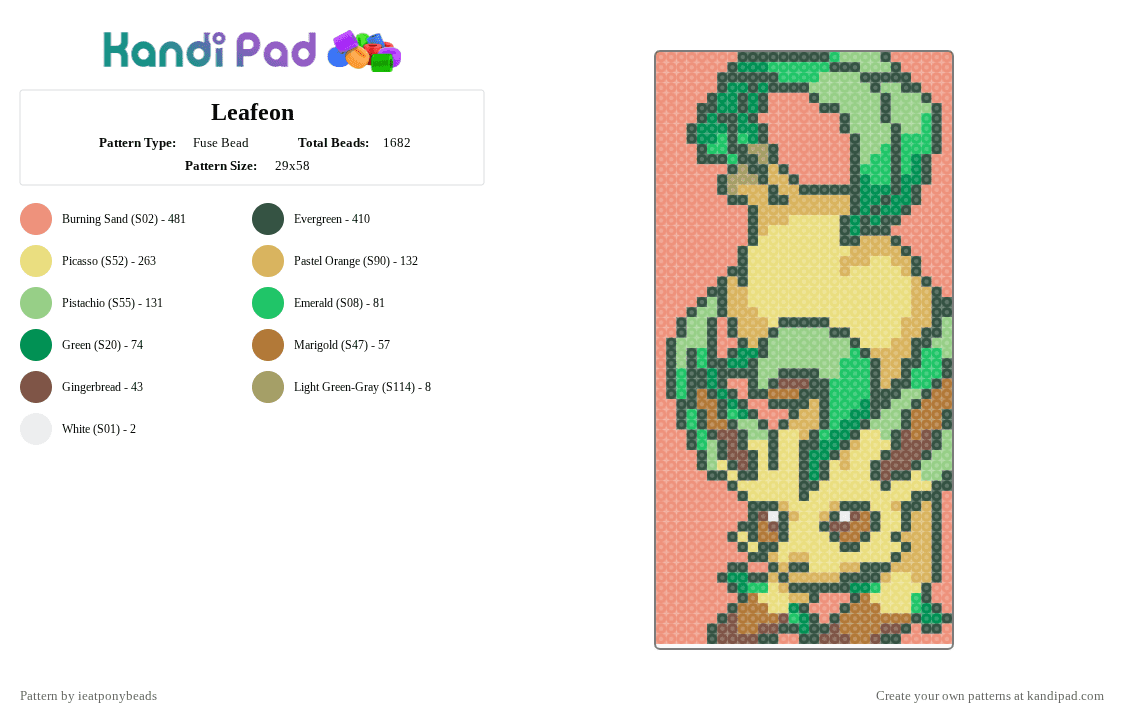Leafeon - Fuse Bead Pattern by ieatponybeads on Kandi Pad - yellow,orange,gray,leafeon,eevee,eeveelution,pokemon,grass,cat,plant,r4bbitz