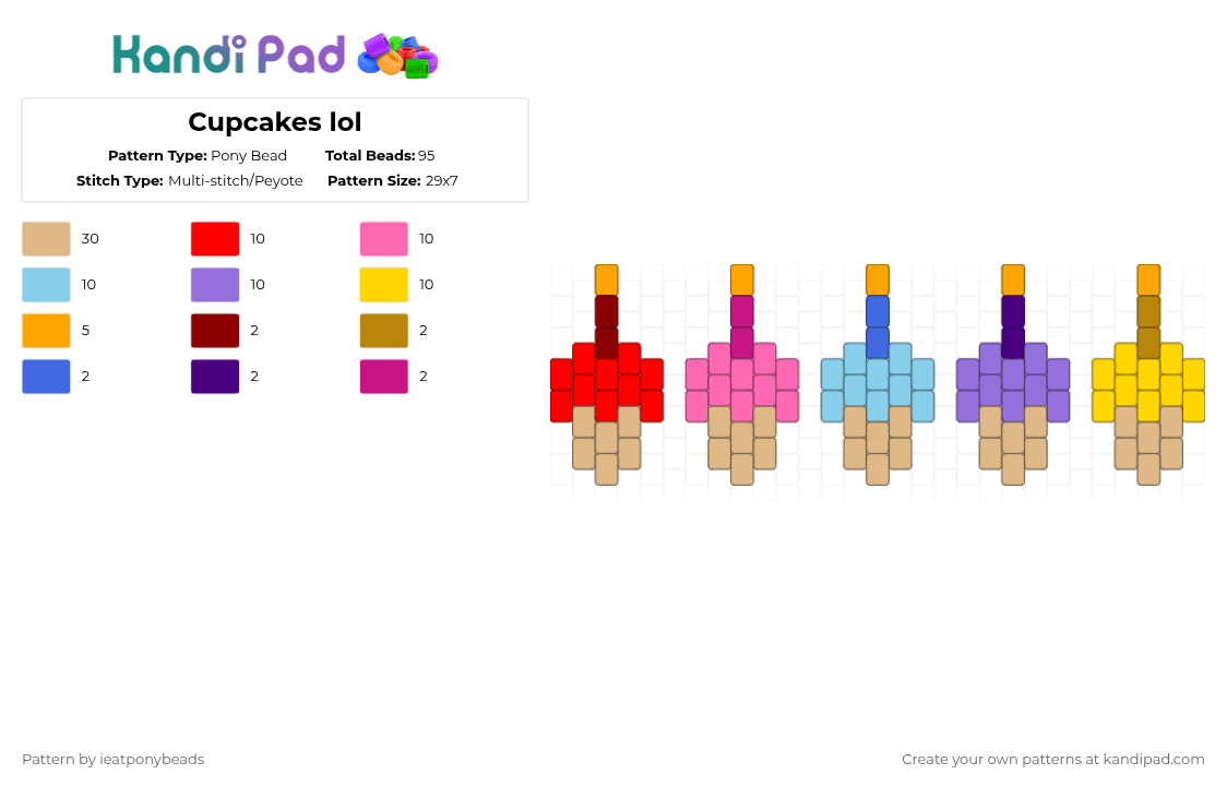 Cupcakes lol - Pony Bead Pattern by ieatponybeads on Kandi Pad - beige,pink,purple,colorful,cotdcake,cupcake,food,cute,cake