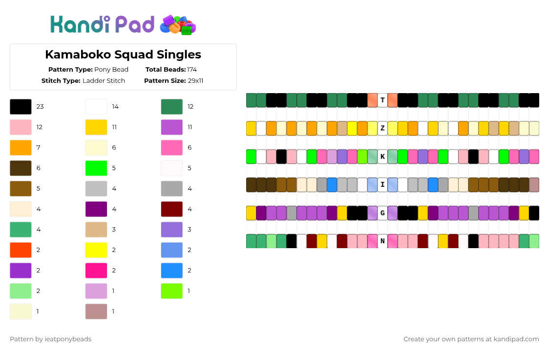 Kamaboko Squad Singles - Pony Bead Pattern by ieatponybeads on Kandi Pad - brown, colorful, demon slayer, genya, green, inosuke, kamaboko squad, kanao, nezuko kamado, pink, tanjiro kamado, yellow, zenitsu
