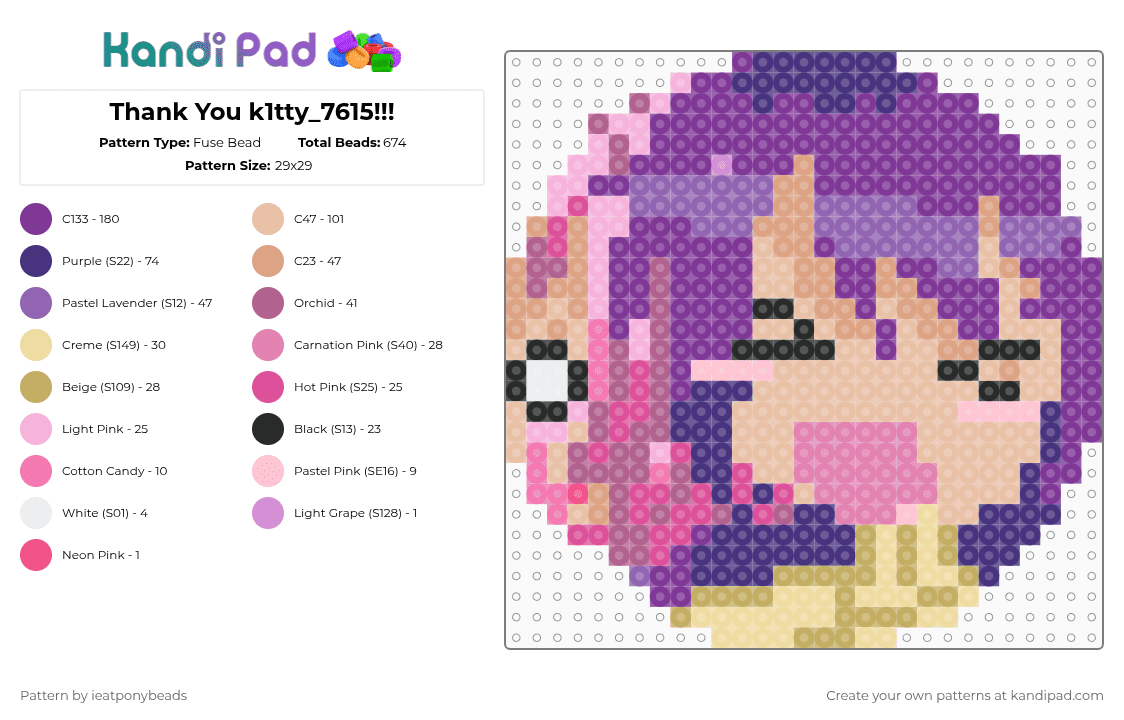 Thank You k1tty_7615!!! - Fuse Bead Pattern by ieatponybeads on Kandi Pad - pink,k1tty7615