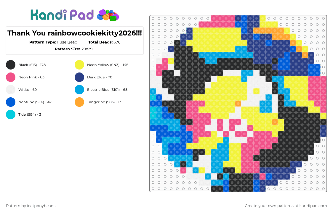 Thank You rainbowcookiekitty2026!!! - Fuse Bead Pattern by ieatponybeads on Kandi Pad - yellow,blue,pink,rainbowcookiekitty2026