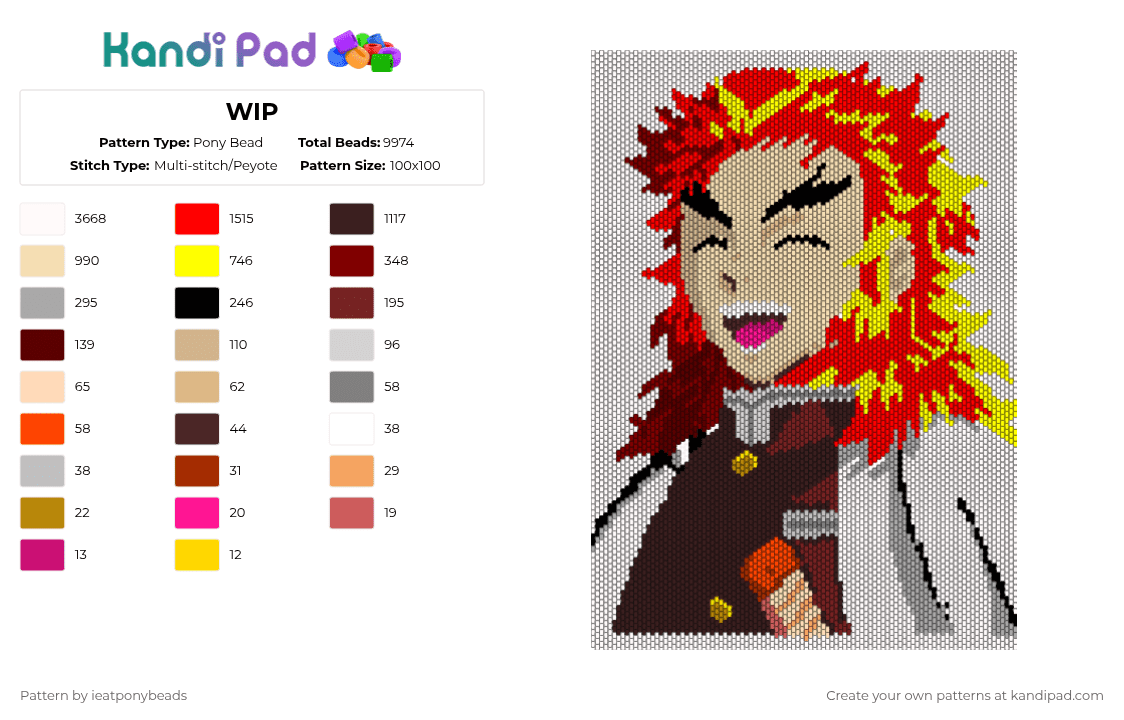 Rengoku! - Pony Bead Pattern by ieatponybeads on Kandi Pad - white,beige,brown,red,colorful,shadowmilks,rengoku,kyojirou,kny,demon slayer,hashira,donut,doughnut