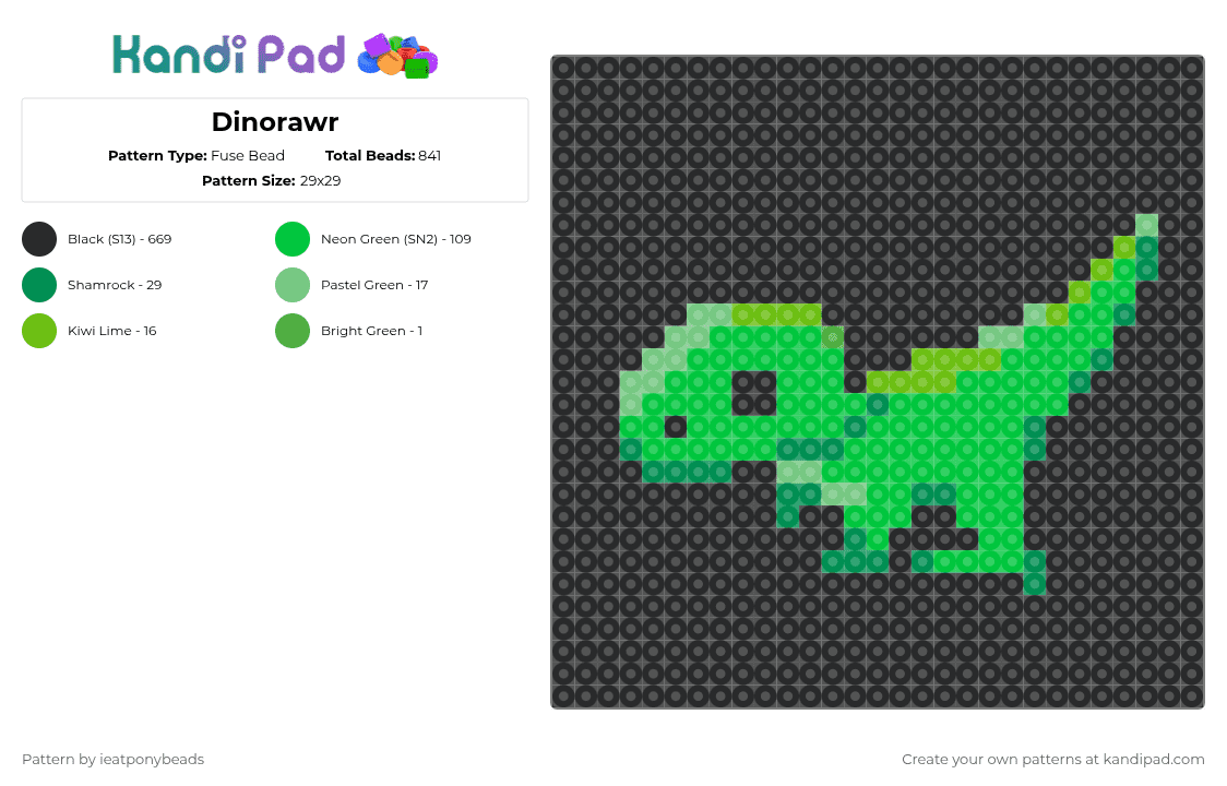 Dinorawr - Fuse Bead Pattern by ieatponybeads on Kandi Pad - animal, black, chibi, cute, dino, dinosaur, green