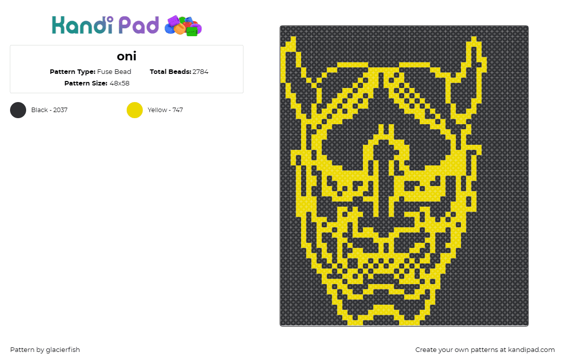 oni - Fuse Bead Pattern by glacierfish on Kandi Pad - oni,demon,mask,horns,japanese,outline,scary,yellow,black