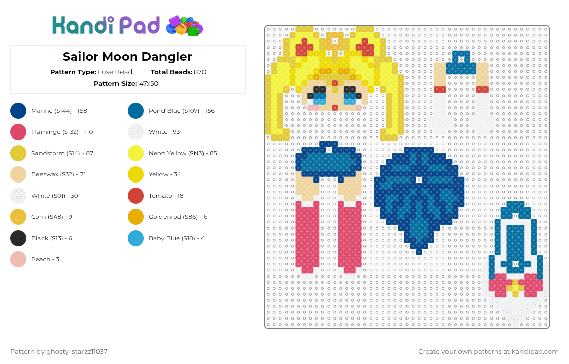 Sailor Moon Dangler - Fuse Bead Pattern by deleted_user_696590 on Kandi Pad - yellow,red,blue,dangler,sailor moon,anime,perler beads,keychain