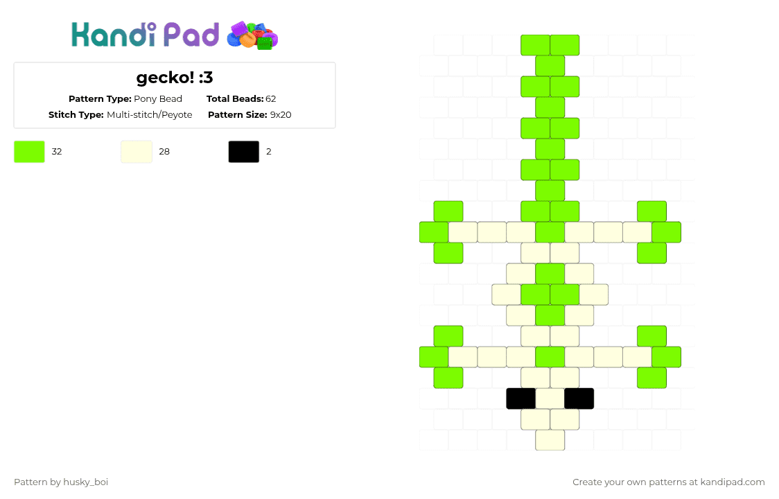 gecko! :3 - Pony Bead Pattern by -vox- on Kandi Pad - white,green