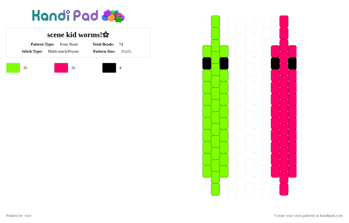 scene kid worms!⚝ - Pony Bead Pattern by -vox- on Kandi Pad - green, red