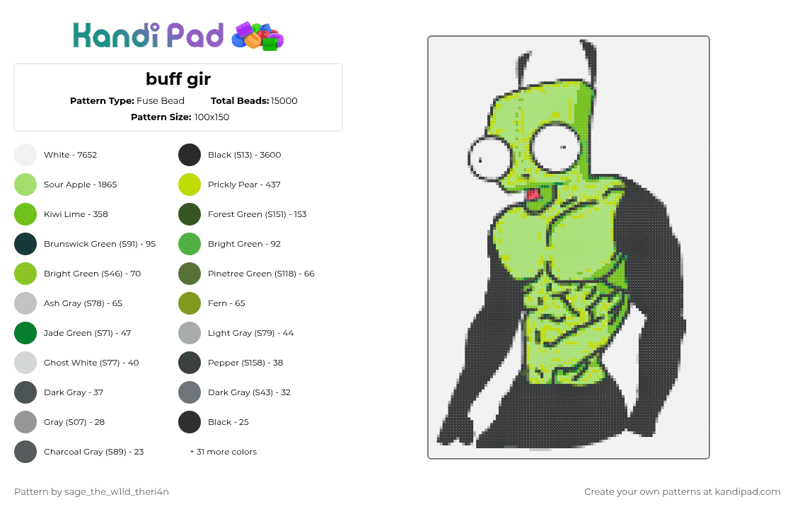 buff gir - Fuse Bead Pattern by -vox- on Kandi Pad - white,green,gir