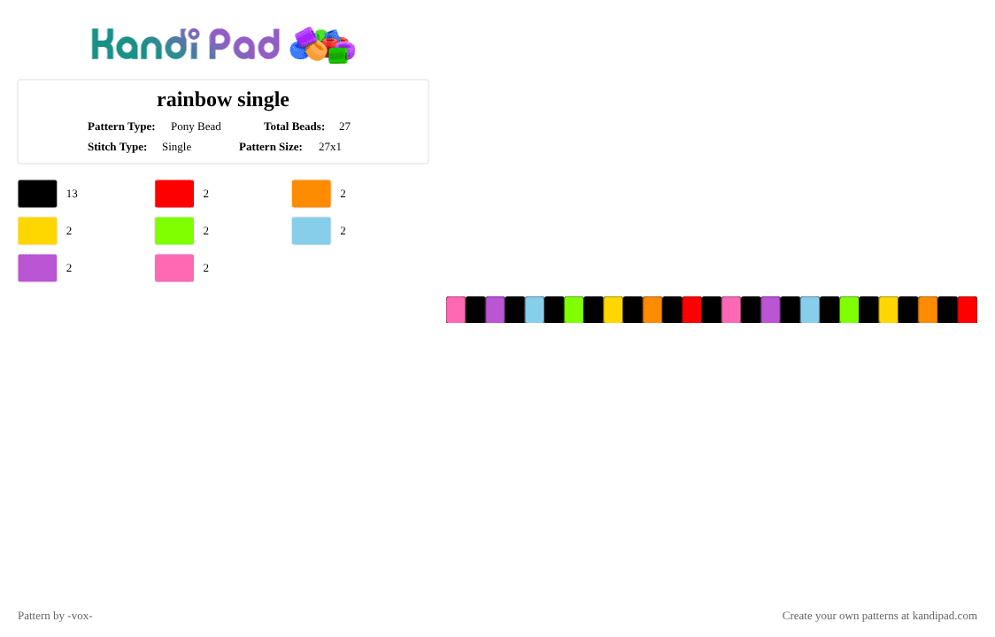rainbow single - Pony Bead Pattern by -vox- on Kandi Pad - black,pink