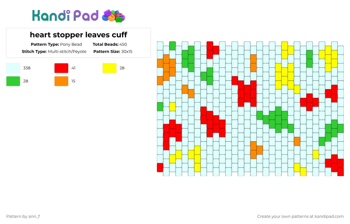 heart stopper leaves cuff - Pony Bead Pattern by ann_f on Kandi Pad - white,red,yellow,green,cotdleaves,heartstopper,cuff,fall,orange
