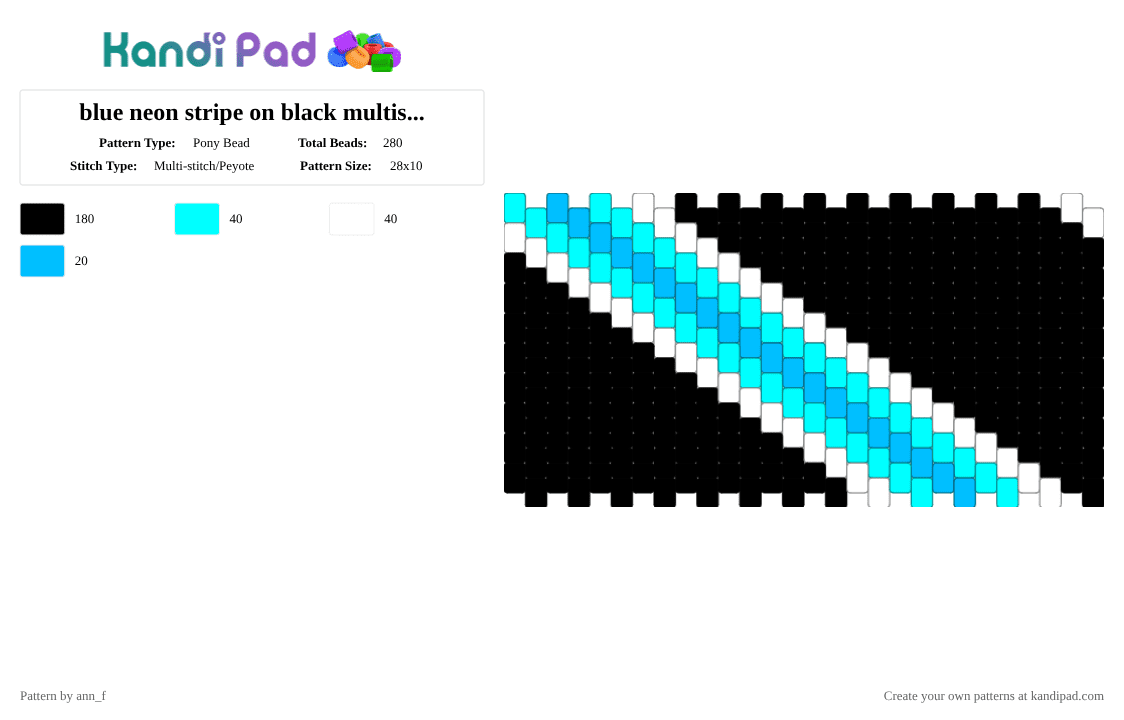 blue neon stripe on black multistitch cuff - Pony Bead Pattern by ann_f on Kandi Pad - black, blue, cuff, light blue, multistich, stripe, white