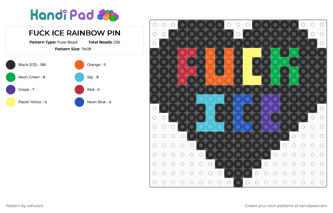 FUCK ICE RAINBOW PIN - Fuse Bead Pattern by vehuezo on Kandi Pad - black,green,light blue,colorful