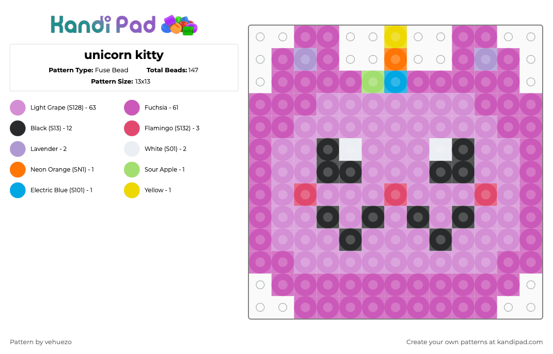 unicorn kitty - Fuse Bead Pattern by vehuezo on Kandi Pad - pink