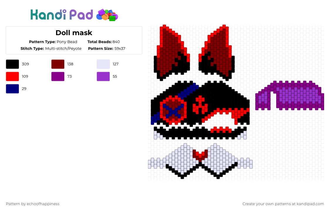Doll mask - Pony Bead Pattern by echoofhappiness on Kandi Pad - red,brown