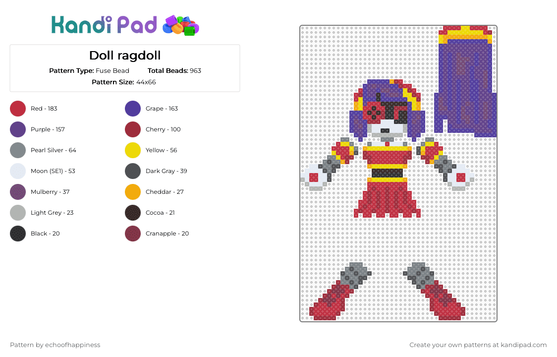 Doll ragdoll - Fuse Bead Pattern by echoofhappiness on Kandi Pad - purple,red,gray,murder drones,md