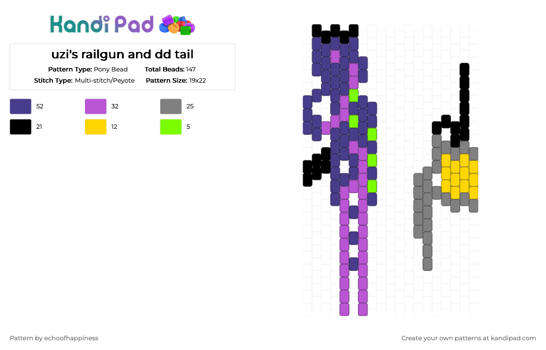 uzi\'s railgun and dd tail - Pony Bead Pattern by echoofhappiness on Kandi Pad - purple,pink,gray,murder drones,md,uzi,n