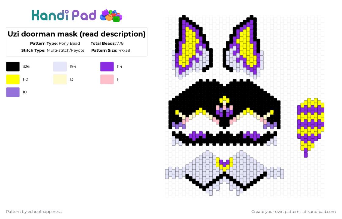 Uzi doorman mask (read description) - Pony Bead Pattern by echoofhappiness on Kandi Pad - yellow,purple