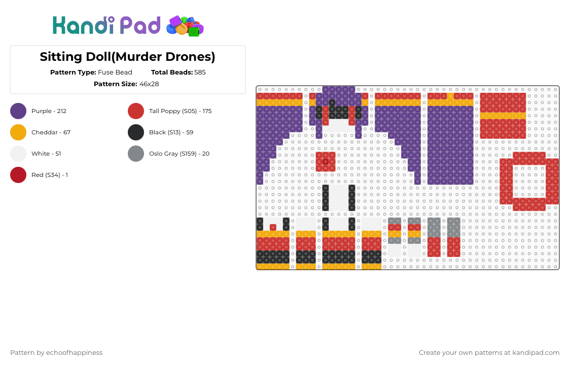 Sitting Doll(Murder Drones) - Fuse Bead Pattern by echoofhappiness on Kandi Pad - red,purple