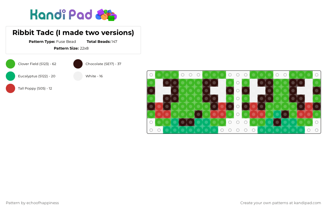 Ribbit Tadc (I made two versions) - Fuse Bead Pattern by echoofhappiness on Kandi Pad - green