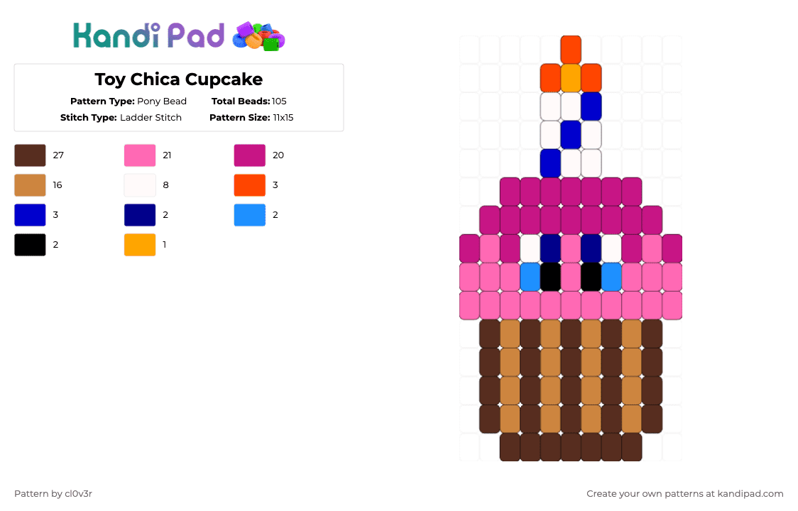 Toy Chica Cupcake - Pony Bead Pattern by cl0v3r on Kandi Pad - orange,pink,brown,fnaf,five nights at freddys,chica,toy chica,fnaf chica,fnaf toy chica,carl,mr cupcake
