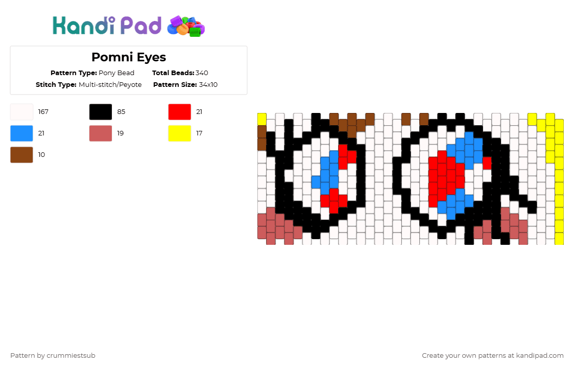 Pomni Eyes - Pony Bead Pattern by crummiestsub on Kandi Pad - white,red,tadc,blue,yellow,black,brown,jester