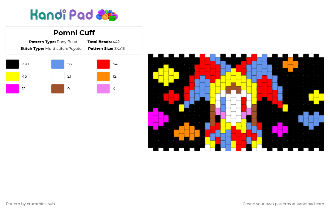 Pomni Cuff - Pony Bead Pattern by crummiestsub on Kandi Pad - black,red,light blue,yellow,blue,tadc,eyes,pomni