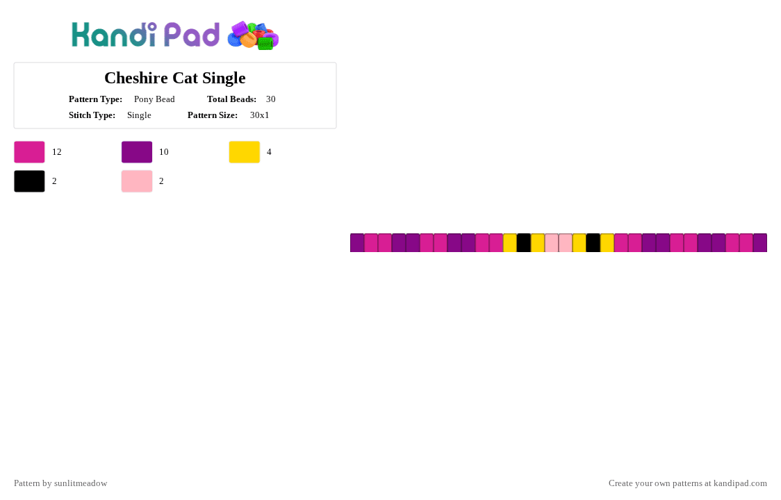 Cheshire Cat Single - Pony Bead Pattern by sunlitmeadow on Kandi Pad - pink