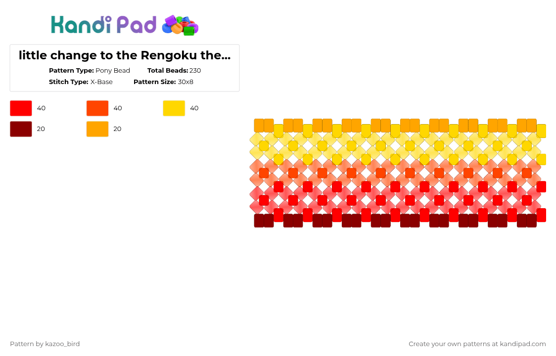 little change to the Rengoku themed bracelet - Pony Bead Pattern by kazoo_bird on Kandi Pad - red,rengoku,demonslayer,fire,x base