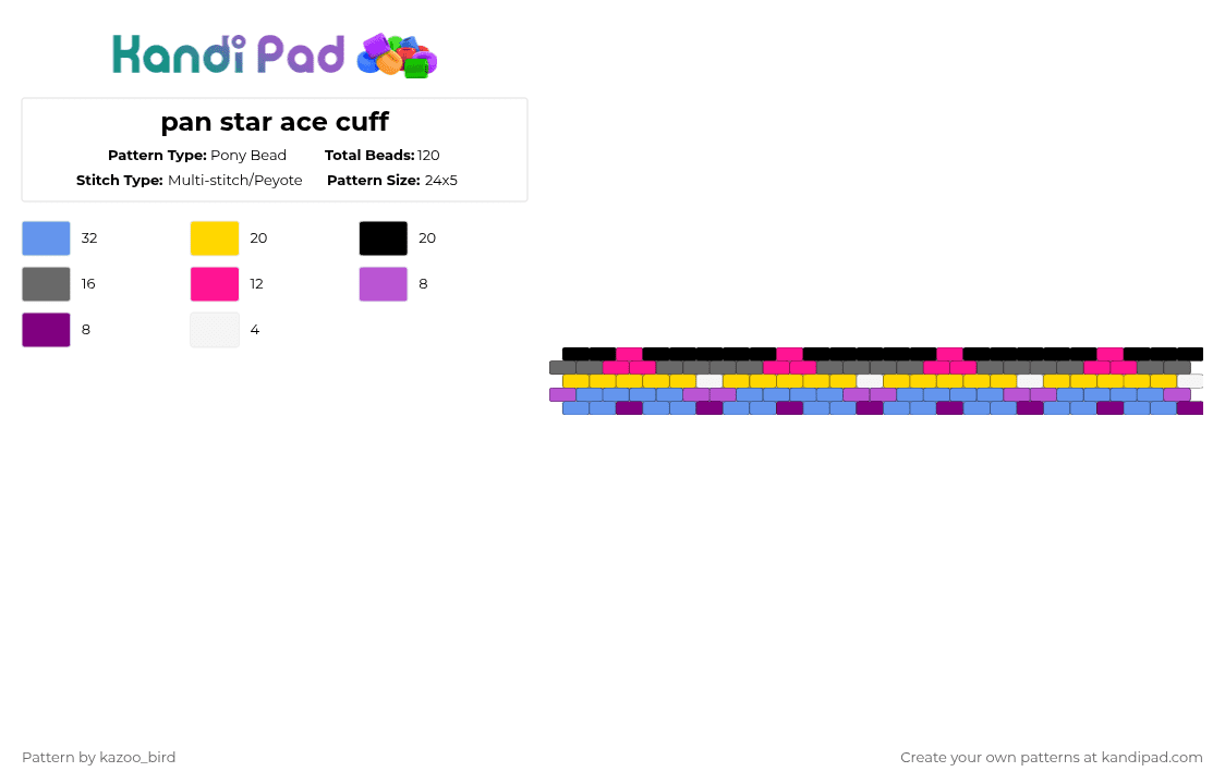 pan star ace cuff - Pony Bead Pattern by kazoo_bird on Kandi Pad - light blue,pink,pan,star,ace,pride,gay