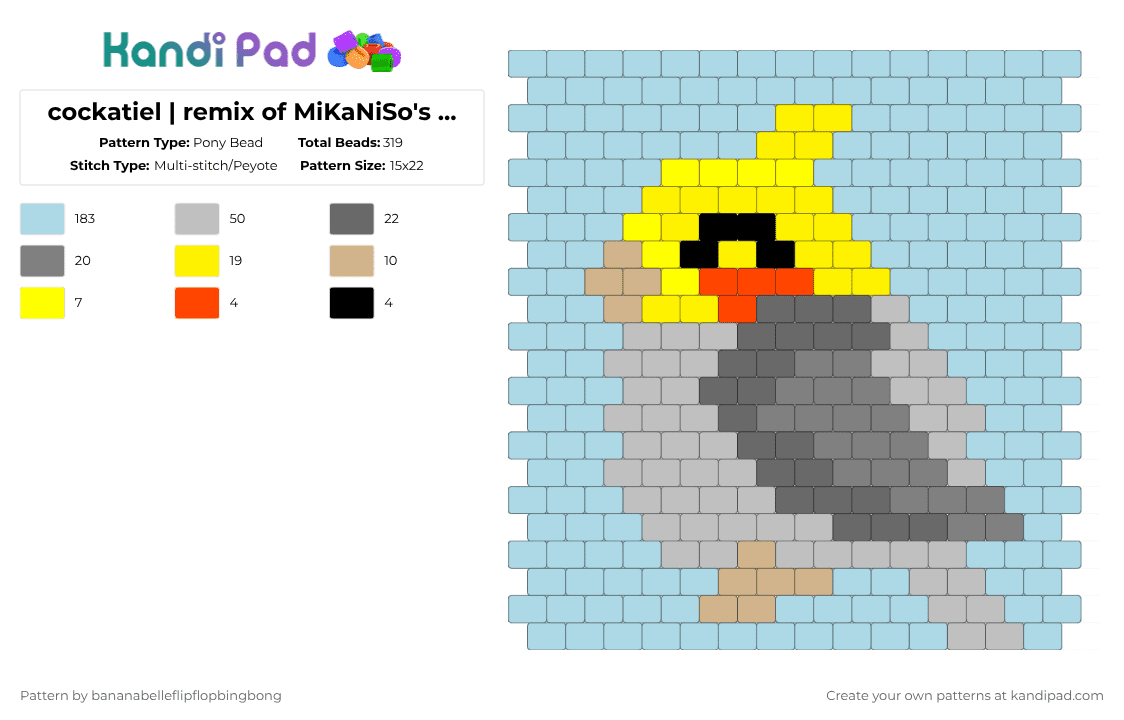 cockatiel | remix of MiKaNiSo\'s pattern - Pony Bead Pattern by bananabelleflipflopbingbong on Kandi Pad - beige,light blue,bird,blue,yellow,grey,animal