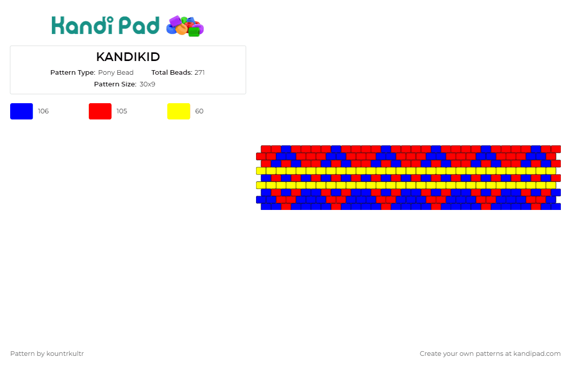 KANDIKID - Pony Bead Pattern by kountrkultr on Kandi Pad - geometric,cuff,kandikid,vibrant,energetic,style,bold,spirited,red,blue