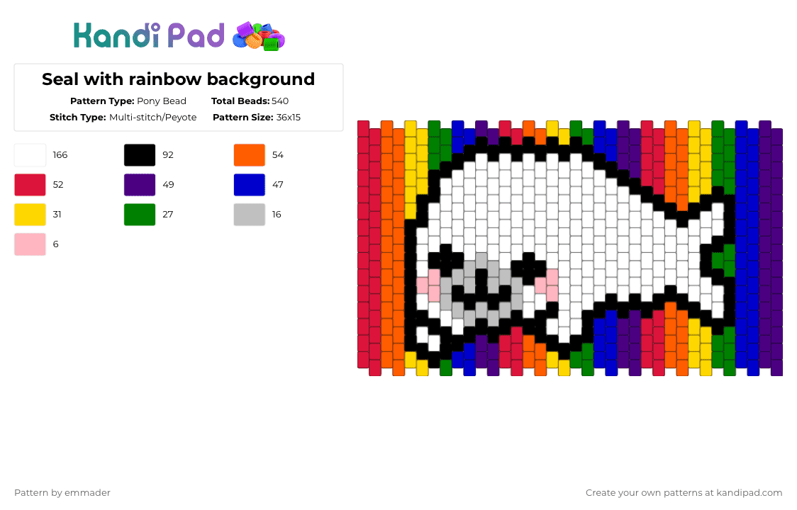 Seal with rainbow background - Pony Bead Pattern by emmader on Kandi Pad - red,orange,purple