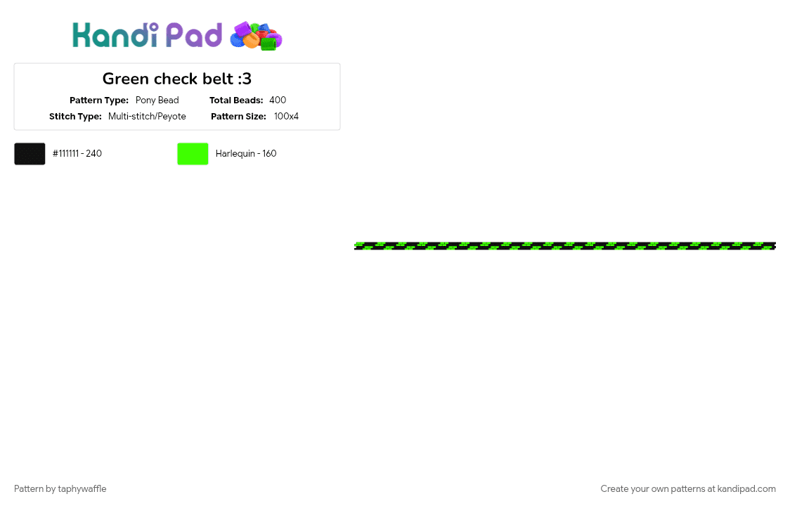 Green check belt :3 - Pony Bead Pattern by taphywaffle on Kandi Pad - belt, black, checkered, geometric, green, green and black, repeating, scene, scenecore, silly