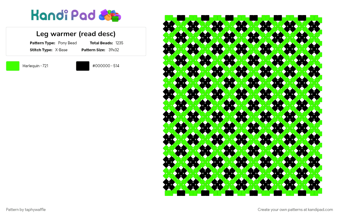 Leg warmer (read desc) - Pony Bead Pattern by taphywaffle on Kandi Pad - black, black and green, checkerboard, checkered, green, leg warmer, light green, scene, scenecore, xbase