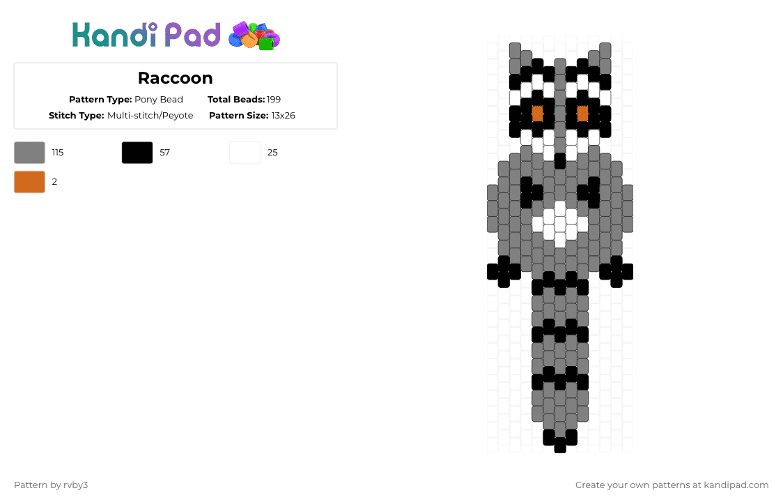 Raccoon - Pony Bead Pattern by rvby3 on Kandi Pad - gray