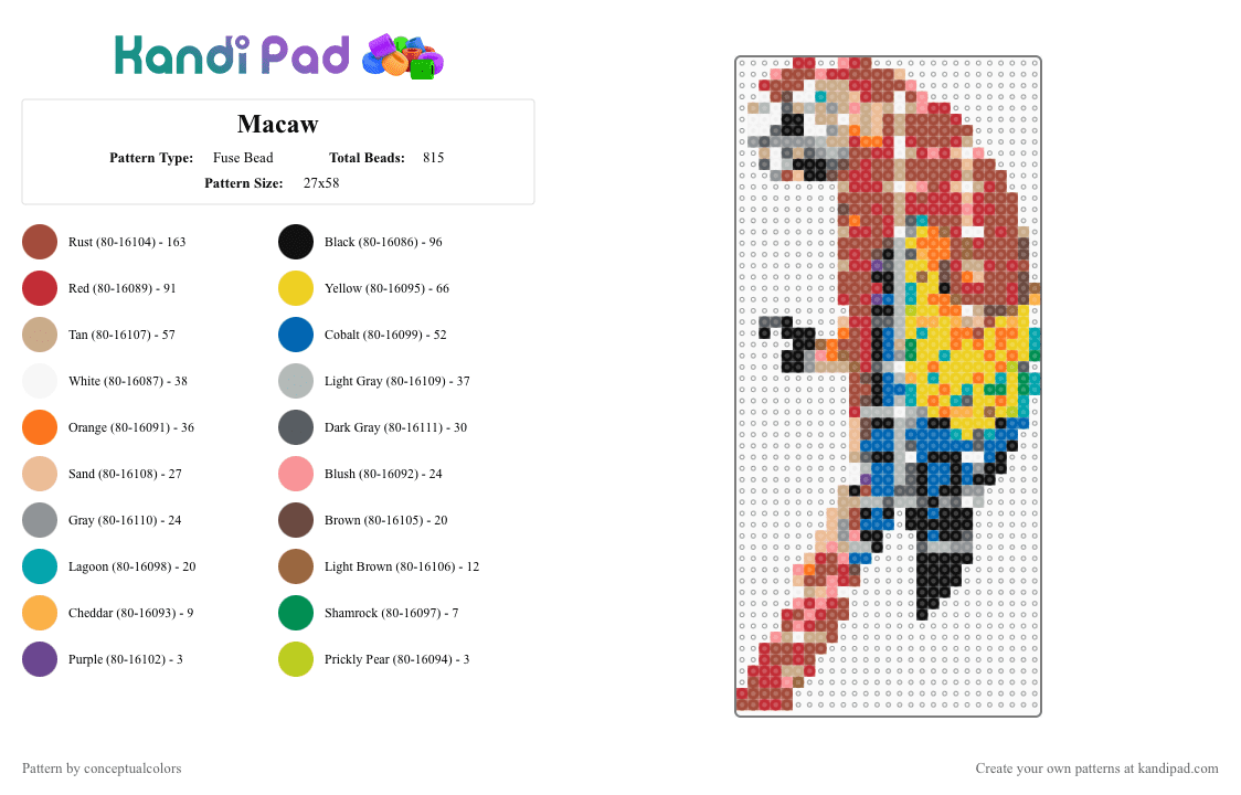 Macaw - Fuse Bead Pattern by conceptualcolors on Kandi Pad - red,beige,yellow,colorful