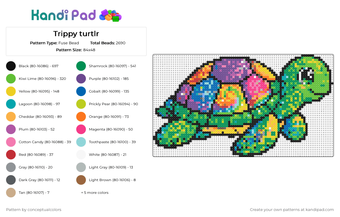 Trippy turtlr - Fuse Bead Pattern by conceptualcolors on Kandi Pad - green,pink,orange,colorful,turtle,trippy