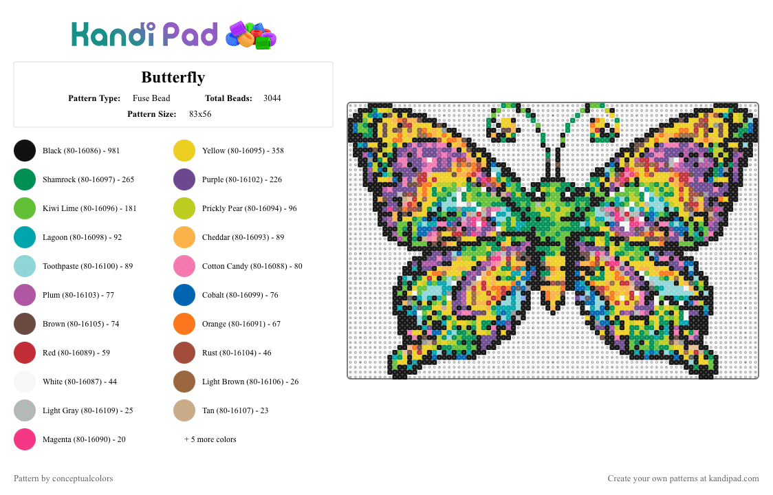 Butterfly - Fuse Bead Pattern by conceptualcolors on Kandi Pad - green,yellow,purple,colorful,butterfly,trippy
