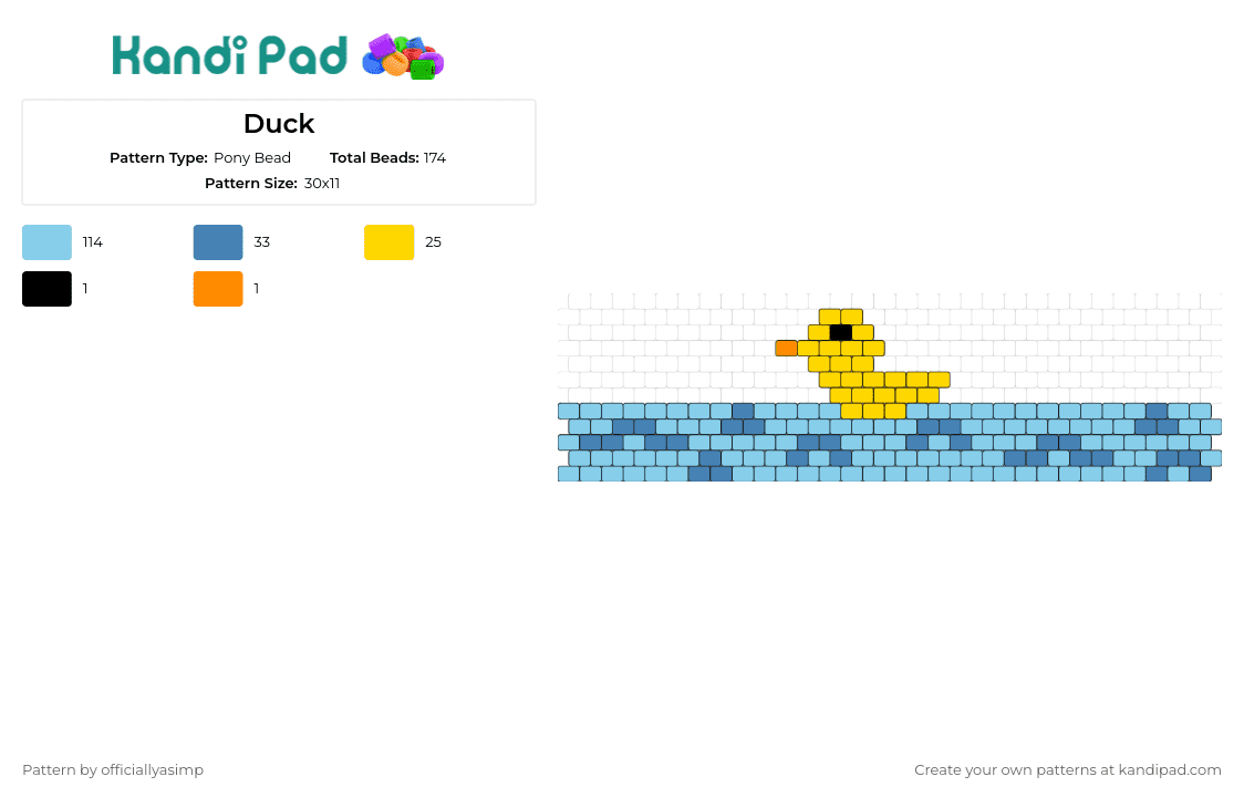 Duck - Pony Bead Pattern by officiallyasimp on Kandi Pad - duck,duckling,water,cute,animal,bird,cuff,blue,yellow