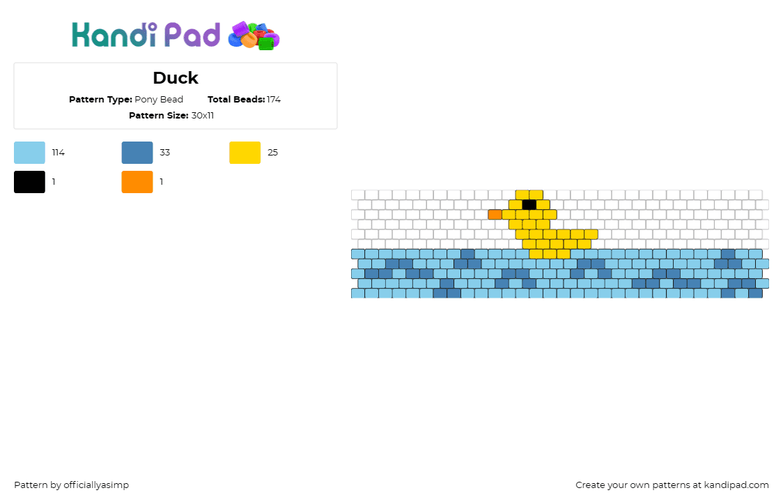 Duck - Pony Bead Pattern by officiallyasimp on Kandi Pad - duck,duckling,water,cute,animal,bird,cuff,blue,yellow