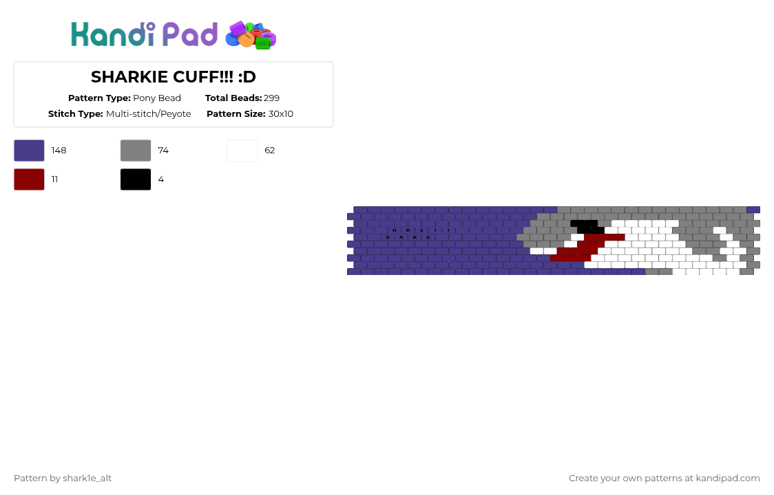 SHARKIE CUFF!!! :D - Pony Bead Pattern by st3ll4r on Kandi Pad - purple,shark,kandi,cuff,blue,gray,black,red,white