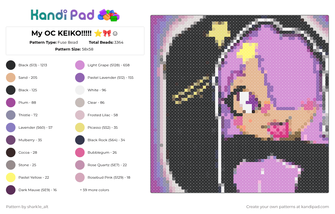 My OC KEIKO!!!!! ⭐🎀☺ - Fuse Bead Pattern by st3ll4r on Kandi Pad - black,pink,gray,beige,oc,star,purple,so skigma