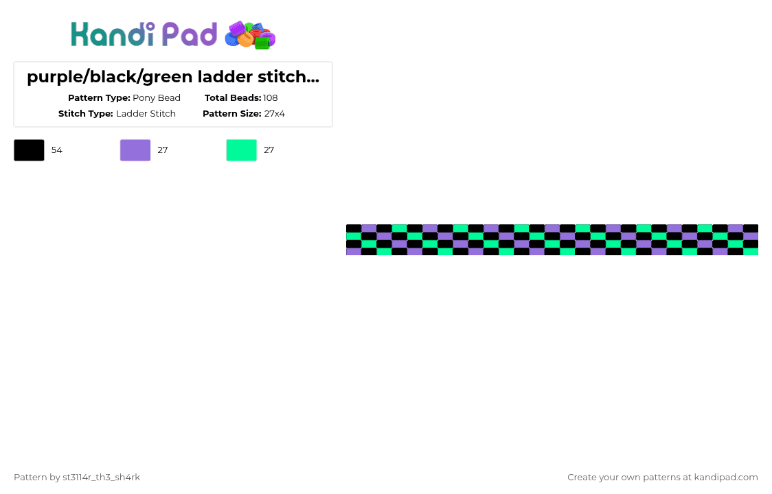 purple/black/green ladder stitch remix from @jimmy123 - Pony Bead Pattern by st3ll4r on Kandi Pad - purple,teal,ladder stitch,green,black