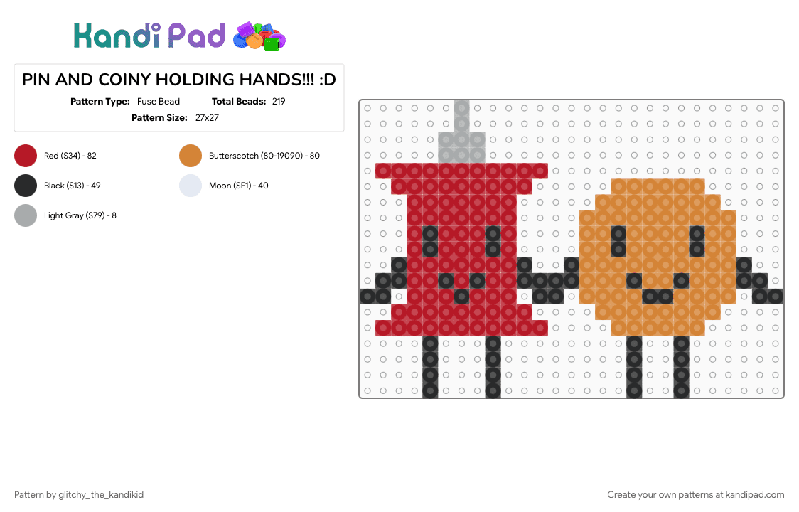 PIN AND COINY HOLDING HANDS!!! :D - Fuse Bead Pattern by glitchy_the_kandikid on Kandi Pad - orange, red