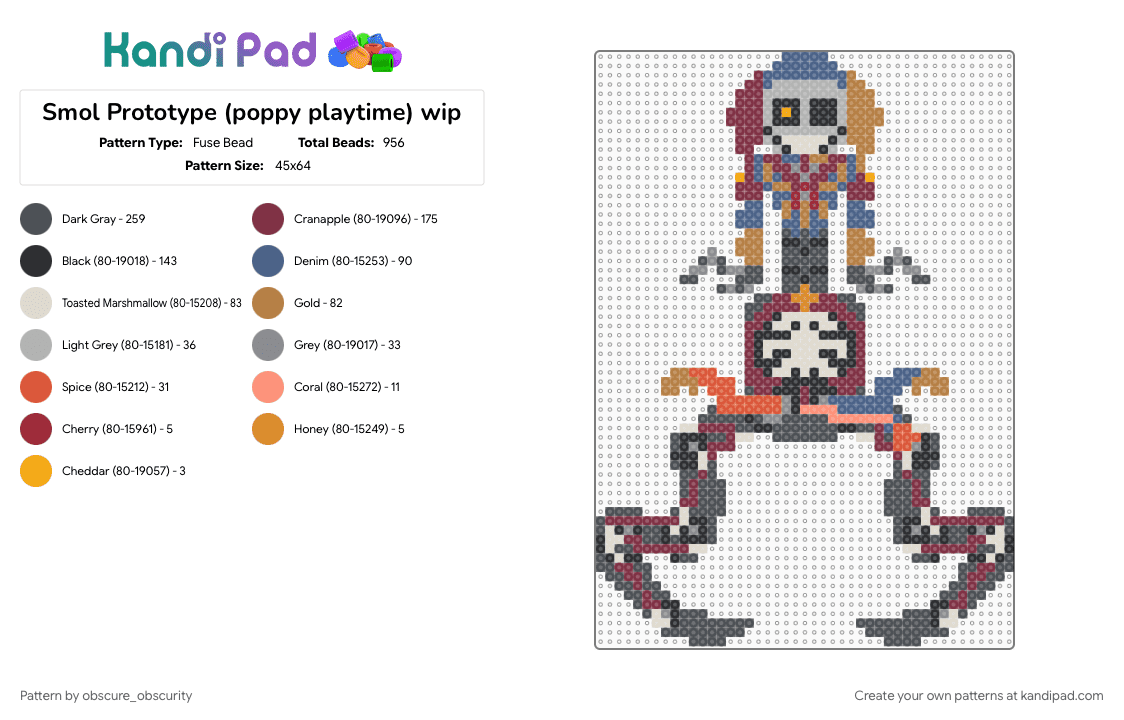 Smol Prototype (poppy playtime) wip - Fuse Bead Pattern by goofball0xo on Kandi Pad - beige, brown, gray